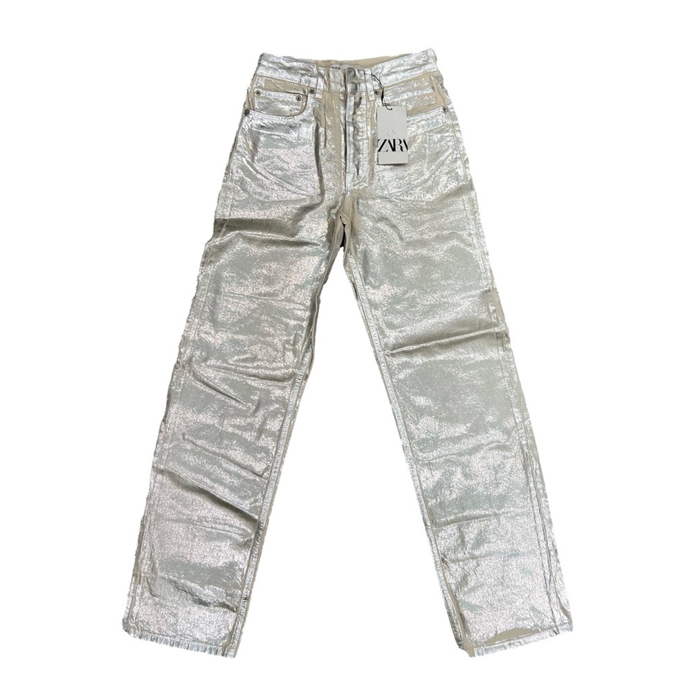 ZARA Metallic Silver Jeans (Relaxed Fit/Straight Leg/ Mid Waist) NWT